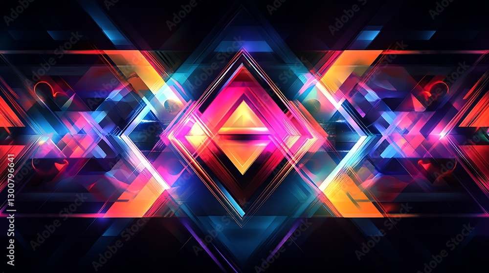 Poster an abstract banner with layered geometric shapes in vibrant neon colors, overlapping triangles, and 
