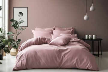 Obraz premium Dusty rose bedding on bed in minimalist bedroom.