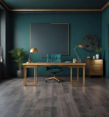 Business office interior with gold accents on wooden furniture and dark teal color scheme on walls and flooring, gold,  dark teal,  design