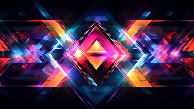 An abstract banner with layered geometric shapes in vibrant neon colors, overlapping triangles, and circles on a dark background