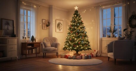 Christmas tree decorated with fairy lights and ornaments in a cozy room,  snowflake patterns,  holiday decoration