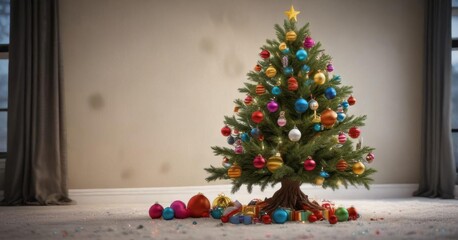 Christmas tree with colorful ornaments hung on branches,  lights, Christmas,  ornaments