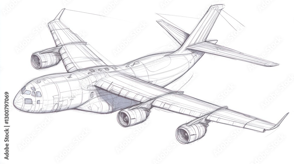 Poster a sketch of an airplane showcasing its design and structure.