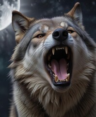 Close-up of a gray wolf's mouth open in a haunting howl under starry night sky,  night scene,  animal sounds