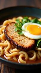 Close-up of a juicy pork slice and a perfectly cooked egg on top of a bed of curly ramen noodles in a rich shoyu sauce , noodles, juicy