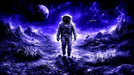 Obraz premium Astronaut on alien landscape; exploration, solitude