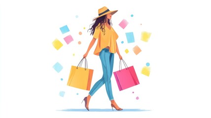 Elegant Woman Shopping in the City, Flat Design Illustration with White Background and Colorful Paper Bags, Fashion Model Walking Down the Street in a Summer Hat