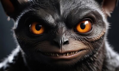 Close-up of black bat's face with rough skin texture and glowing eyes ,  dark wings, flying beast,  nocturnal bat