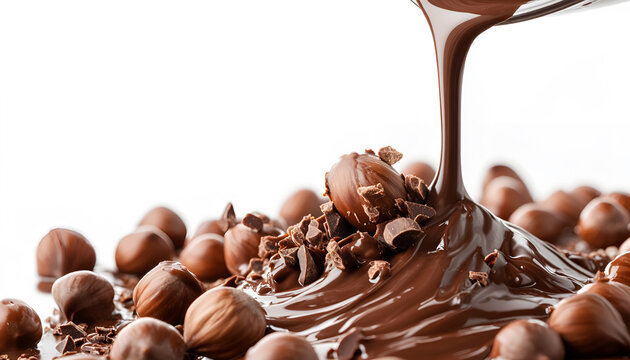 Pouring sweet chocolate onto hazelnuts against white background