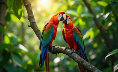 red blue and green parrot couple in a tree bird day