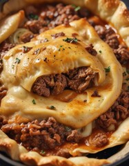 Close-up shot of juicy maultaschen filled with ground meat and onions, topped with a golden brown crust and served with caramelized onions,  comfort food,  onion topping,  german food