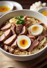 Close-up shot of juicy pork slices and a perfectly cooked soft-boiled egg on a bed of noodles in a clear shoyu broth,  savory sauce,  comforting bowl food,  protein rich ingredients