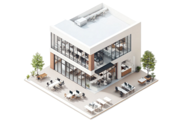Isometric View Of A Modern Two Story Office Building With Restaurant And Green Rooftop Garden