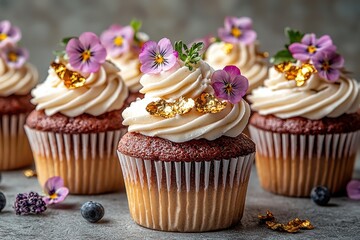 Deliciously decorated cupcakes with floral accents and gold leaf, perfect for special occasions and celebrations