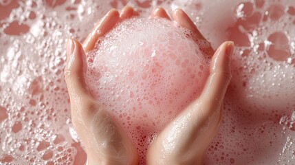 Fototapeta premium Hands Holding a Pink Bubble in Foam with Soft Focus Background
