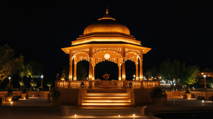 Golden illuminated at night, reflecting in water, creating serene atmosphere,\Illuminated mansion at dusk, near water, city skyline backdrop. 
