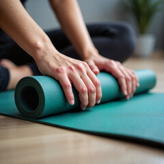 Obraz premium Person's hands rolling up yoga mat after workout