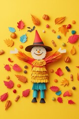 Naklejka premium Colorful paper scarecrow surrounded by autumn leaves and festive decorations for a creative fall-themed craft display