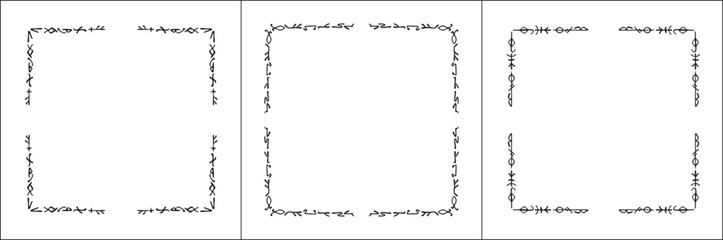 Frame set. Three frames with elegant black and white ornamental frame with Viking runes, decorative border, corners. Isolated vector illustration.	