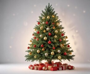 Obraz premium Fir tree decorated with ornaments and lights on white background, tree, decorations, fir