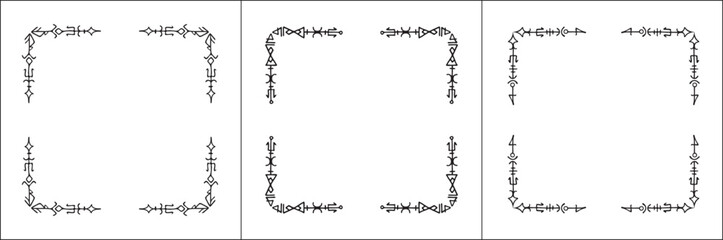 Frame set. Three frames with elegant black and white ornamental frame with Viking runes, decorative border, corners. Isolated vector illustration.	