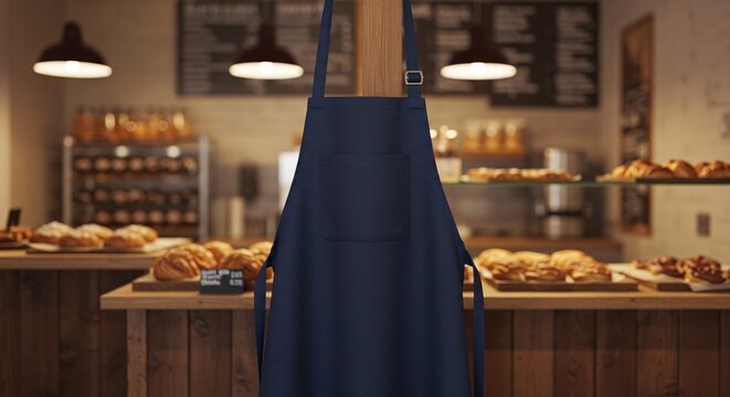 Blue apron hanging in a warm bakery setting with fresh bread in the background, perfect for culinary and branding mockups.