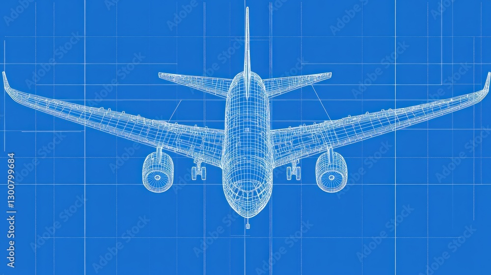 Poster a blueprint illustration of an airplane viewed from above, emphasizing design and engineering.