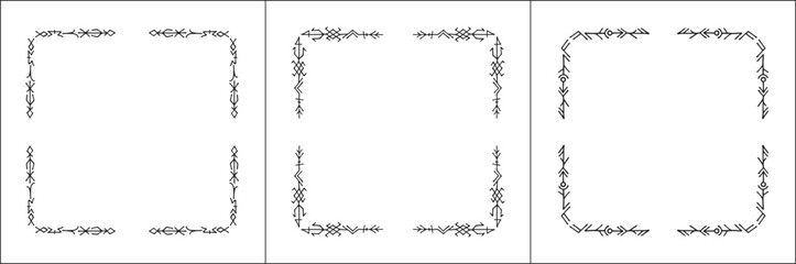 Frame set. Three frames with elegant black and white ornamental frame with Viking runes, decorative border, corners. Isolated vector illustration.	