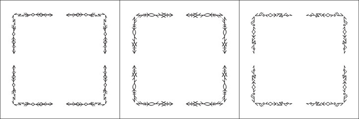 Frame set. Three frames with elegant black and white ornamental frame with Viking runes, decorative border, corners. Isolated vector illustration.	