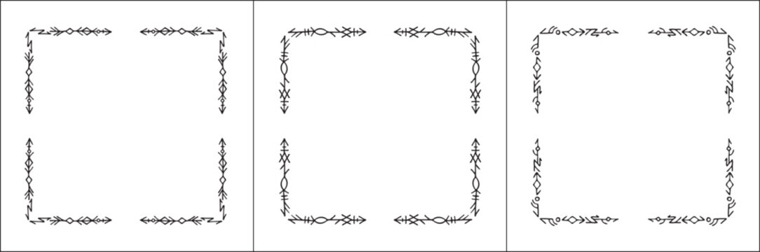 Frame set. Three frames with elegant black and white ornamental frame with Viking runes, decorative border, corners. Isolated vector illustration.	