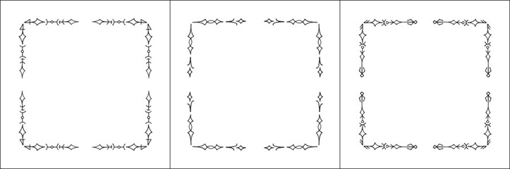 Frame set. Three frames with elegant black and white ornamental frame with Viking runes, decorative border, corners. Isolated vector illustration.	