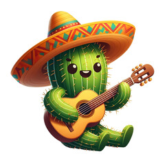 Cactus with Sombrero Playing Guitar – Cinco de Mayo Illustration isolated on transparent background