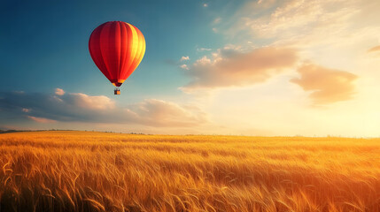 Obraz premium A hot air balloon floating above a golden wheat field.
