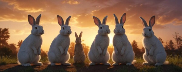 Group of rabbits standing against a sunset backdrop , rabbits,  wildlife,  forest