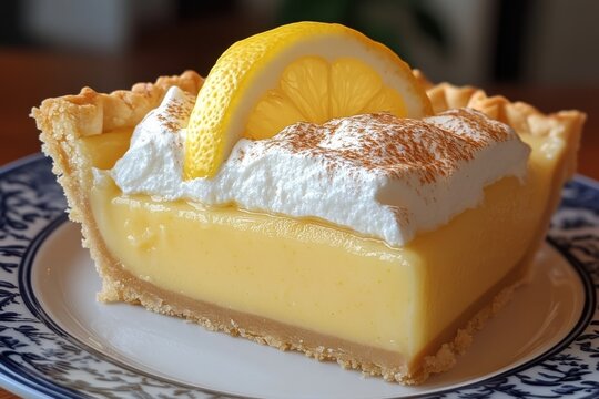Delicious lemon meringue pie topped with a fresh slice of lemon on a decorative plate - Powered by Adobe