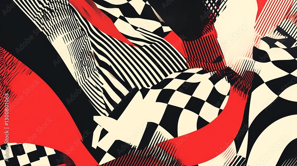 Poster an abstract design with bold zigzag patterns and checkerboard overlays in high-contrast black, white