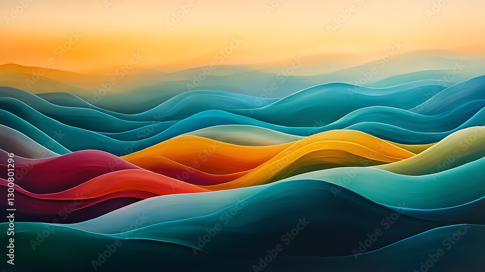 Poster an abstract landscape of undulating hills in gradient colors, blending seamlessly into a glowing hor