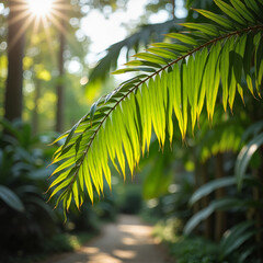 Bright, smoothly curved palm branch illuminated by natural sunlight