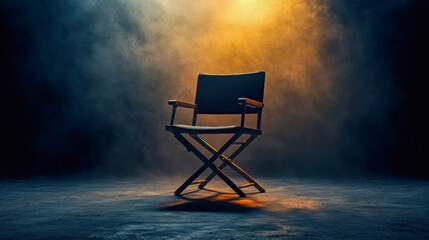 Director’s chair under dramatic lighting in a dark smoky studio, cinematic atmosphere