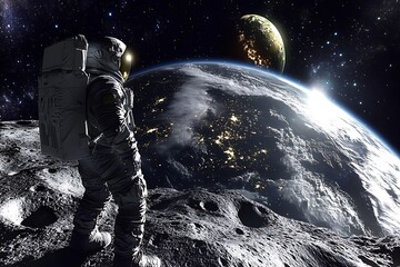 Fototapeta premium An astronaut standing on a lunar surface gazing at earth and other planets