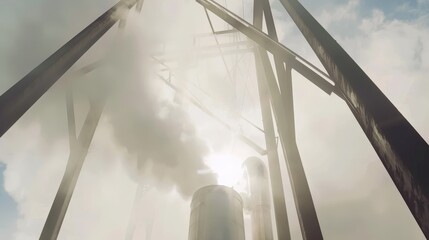 A massive industrial cooling tower venting thick white steam into the early morning air, framed by towering steel support structures. 