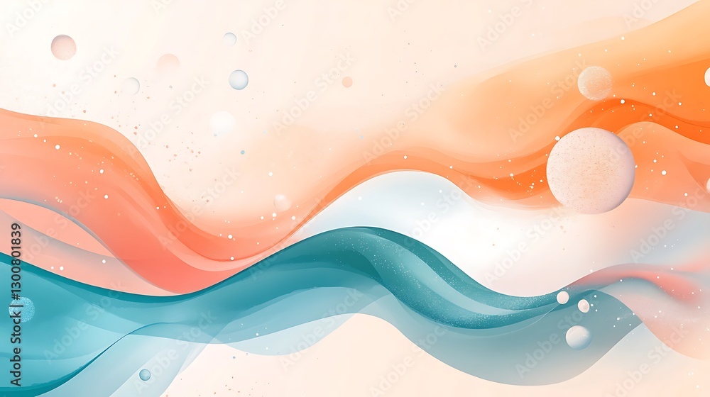 Poster an abstract ocean-inspired banner with fluid wave shapes and soft bubble textures in aqua and coral 