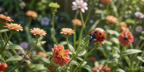 Ladybug and flower entwined together in a garden,  nature,  love