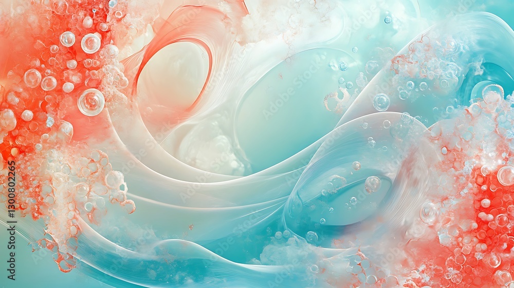 Poster an abstract ocean-inspired banner with fluid wave shapes and soft bubble textures in aqua and coral 