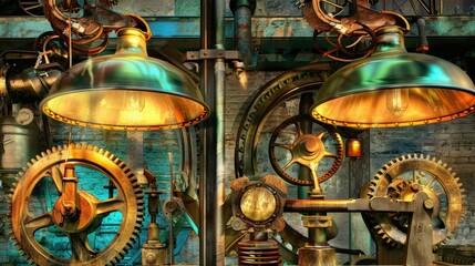 A steam-powered mechanical workshop filled with rotating gears, intricate pistons, and large copper pipes venting hot steam. 