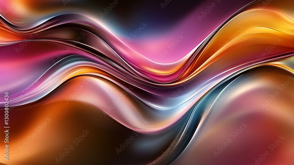 Poster an abstract wave pattern in dark metallic shades, rippling across a smooth, gradient background