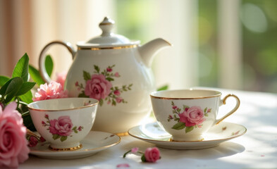 Fototapeta premium mother’s day tea set with floral designs and soft lighting