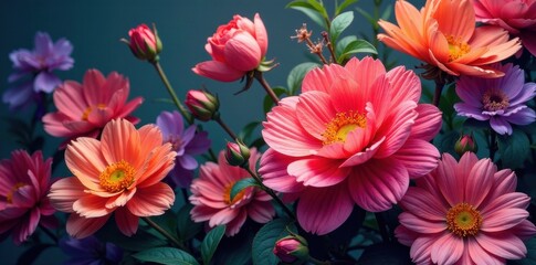 Colorful flower explosion, rich hues, abundant petals, nature, colorful