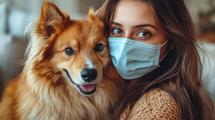 Young woman wearing a protective face mask hugging her fluffy dog, warm and cozy home setting