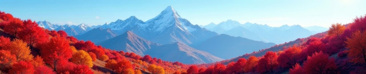 Fototapeta premium Crimson and gold leaves paint the slopes, mountain silhouettes etched against a clear blue sky , charming, travel